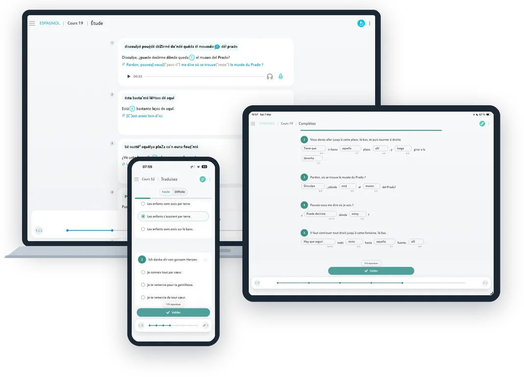 The Assimil V5 apps on laptop, tablet and phone