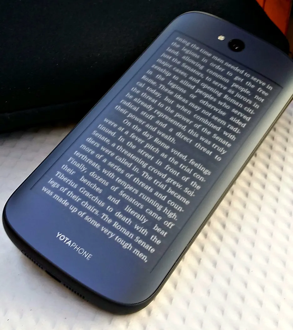 A page of text displayed on the electronic-paper screen on the back of the YotaPhone